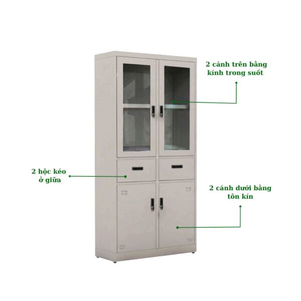 TỦ SẮT 2 CÁNH KÍNH MỞ 2 HỘC KÉO 2 CÁNH TÔN MỞ