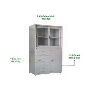 TỦ HỒ SƠ 2 CÁNH LÙA KÍNH, 1 CÁNH MỞ, 7 HỘC KÉO