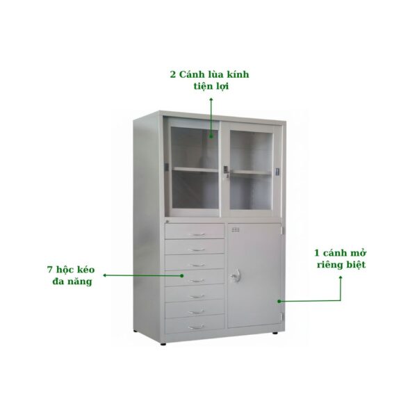 TỦ HỒ SƠ 2 CÁNH LÙA KÍNH, 1 CÁNH MỞ, 7 HỘC KÉO