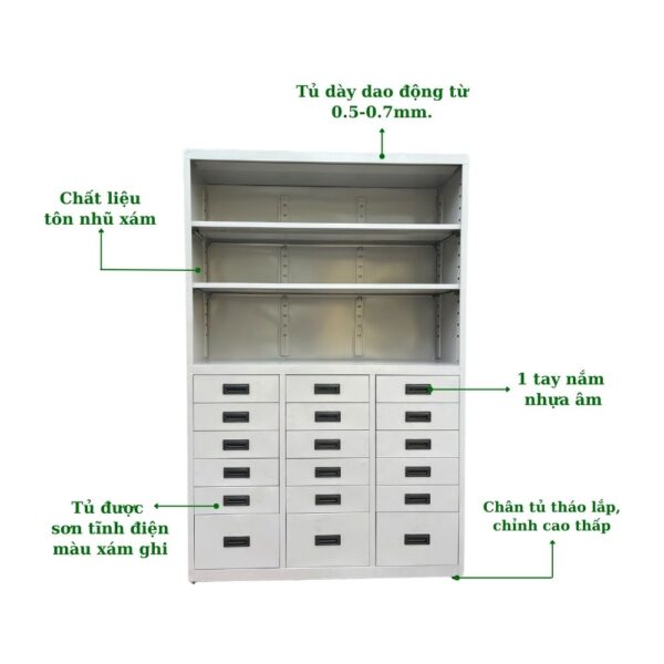 TỦ HỘC KÉO SẮT 8 NGĂN, KỆ 3 TẦNG